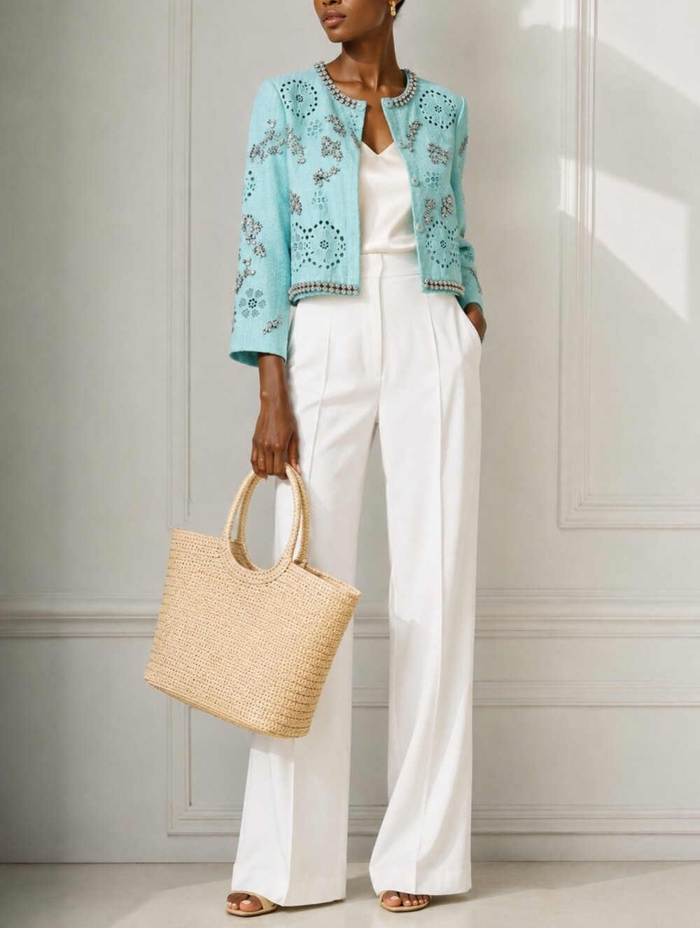 🆕️ Per Se Carlisle Per Elegant Crystal Floral Tweed Blazer in Mint Aqua Blue